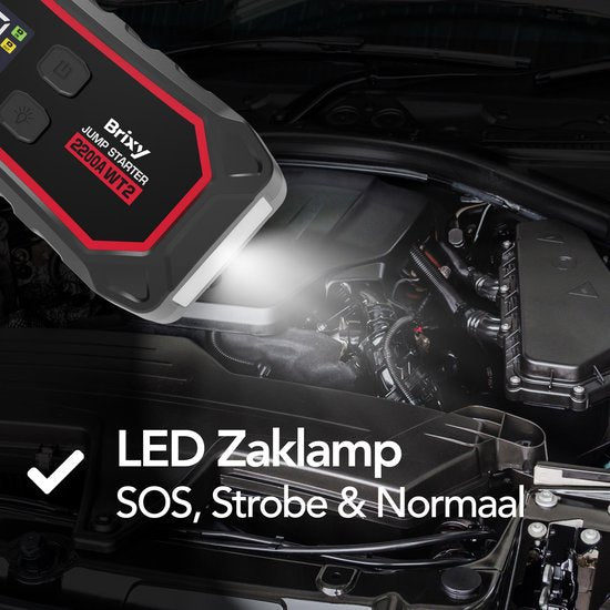 Brixy Jumpstarter pour voiture - 2200A / 16,000 mAH - Aide au démarrage 4-en-1 - Lampe de poche LED, Lumière d'urgence SOS et Powerbank - Rouge/Noir
