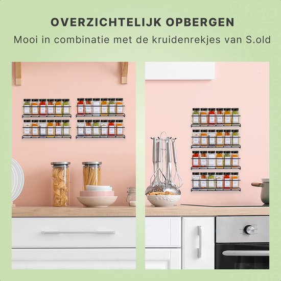 S.old - 36 pots à épices en verre carrés avec couvercle noir - Spice Spreader - Set complet avec couvercles à saupoudrer, autocollants préimprimés et entonnoir - Capacité 120 ml - 10,5 x 4,3 cm