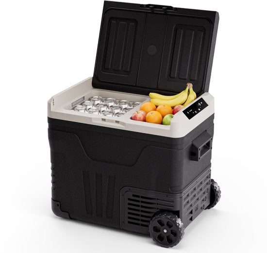 Auronic Electric Cool Box - Compresseur - 2 Zones - 45L - 12/24V et 240V - Réfrigération et congélation - Réfrigérateur de camping - Frigobox Auto - Avec roues et poignée - Noir