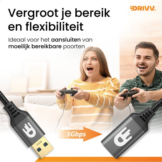 Drivv. Premium USB Extension Cable 3.0 - Male to Female - USB Data Cable - Fast Transfer - 5Gbps - Nylon - 1 Mètre - Noir