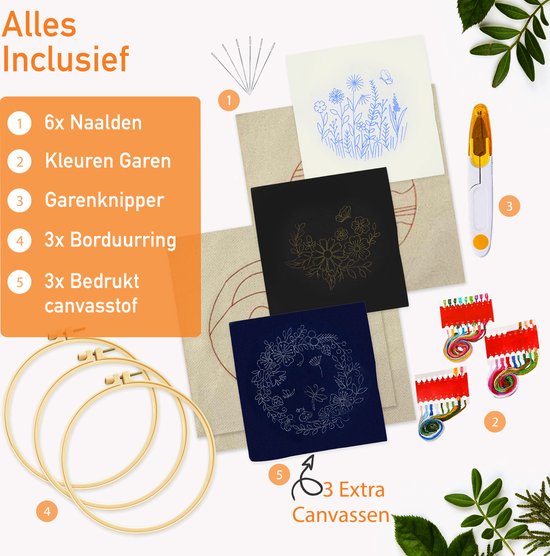 Happy Goods Kit de broderie fleurs et oiseaux - Kits de broderie adultes - Set de 3 broderies - Hobby et loisirs créatifs - Broderie