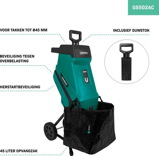 VONROC Déchiqueteuse/Broyeuse 2500W - Pour les branches jusqu'à Ø45mm - Sac de ramassage 45L et bâton de poussée inclus