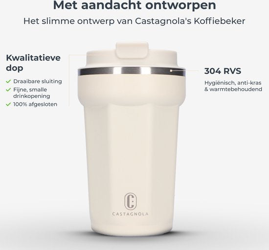 Mug thermos Castagnola - Tasse à café à emporter - Mug de voyage pour le café et le thé - Mug à thé - 380 ML - Acier inoxydable - Blanc cassé - Octogone