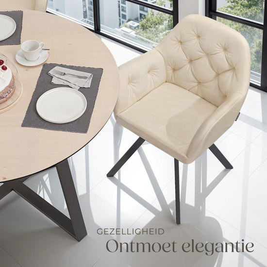 tectake® - Chaise pivotante aspect velours - Chaise de salle à manger avec accoudoirs - Assise et dossier ergonomiques - Pivotant à 180 degrés - Chaise moderne avec pieds en acier - Diverses couleurs - Crème