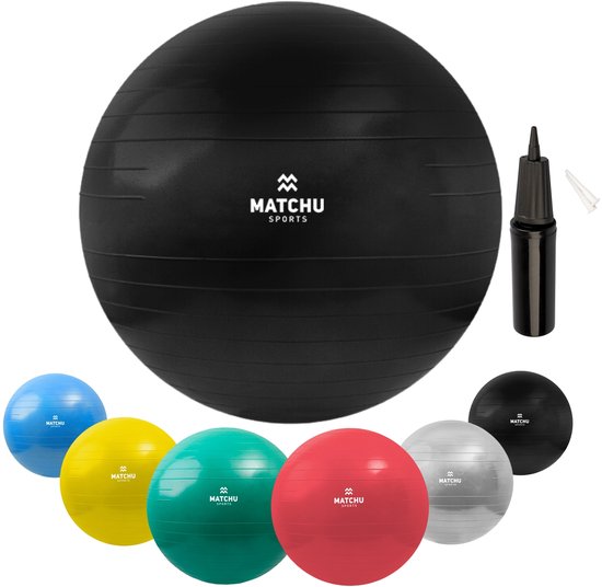 Matchu Sports - Ballon de fitness - Ballon de Pilates - Anti Burst - Ballon de grossesse - Ballon de gym - Ballon pour s'asseoir - Pompe incluse - Ø 85cm - Noir - 300 KG chargeable