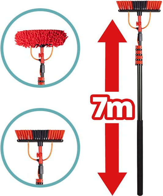 Brosse à laver télescopique XXL Brosse à eau extensible jusqu'à 7 mètres - Manche télescopique 5 pièces comprenant un chiffon en chenille, un distributeur de savon et une poignée souple - Façades et tuiles - SHINE