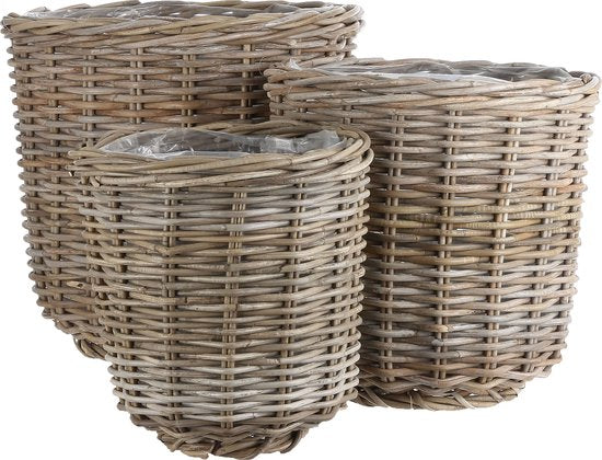 Mica Decorations Marcia Panier à plantes d'extérieur - Lot de 3 - H40 x Ø43 cm - Rotin - Gris