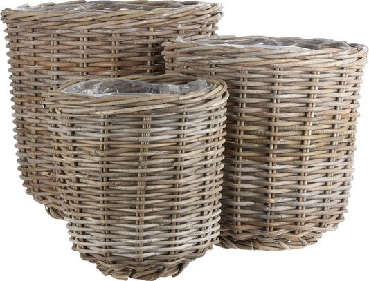 Mica Decorations Marcia Panier à plantes d'extérieur - Lot de 3 - H40 x Ø43 cm - Rotin - Gris