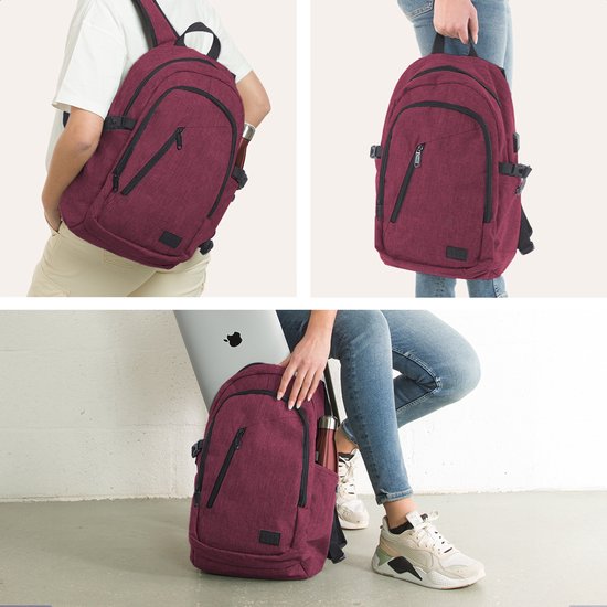 TRVLMORE Sac à dos avec durée de vie - Sac à dos avec compartiment pour ordinateur portable de 15,6 pouces - Cartable - Résistant aux éclaboussures - Hommes et femmes - Garçons et filles - 25L - Bourgogne