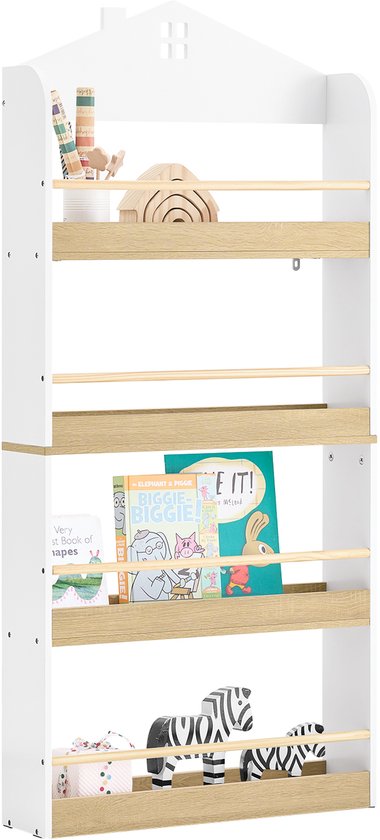SoBuy KMB121-WN Bibliothèque pour enfants, 4 niveaux, meubles, jouets, bibliothèque, meuble de rangement, étagère, chambre, blanc/naturel, 60 x 15 x 130,5 cm