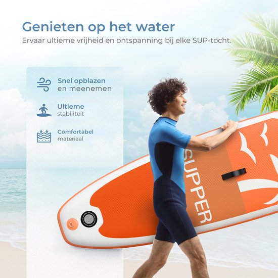 Supper Sup Board XL - Max. 220KG - Gonflable - Planche à pagaie - Étui étanche pour téléphone portable - Pompe - Palme - Leash - Sac de transport - 335 x 81 cm - Orange
