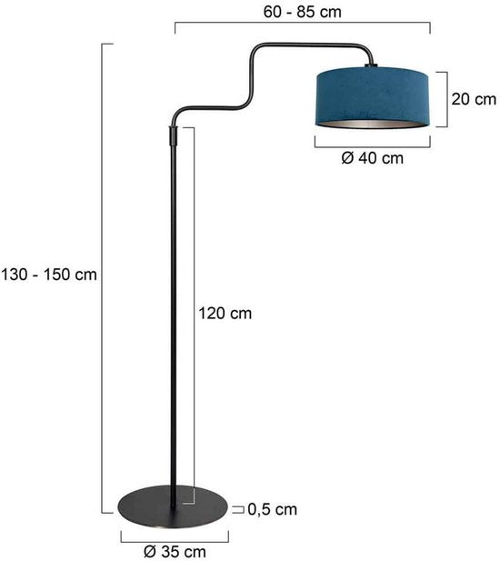 Lampadaire noir Bloeba 4169ZW de Steinhauer avec hauteur réglable (150-165 cm) et bras pivotant extensible jusqu'à 66 cm, base en métal avec abat-jour en velours bleu Ø40cm, design tendance pour l'intérieur.