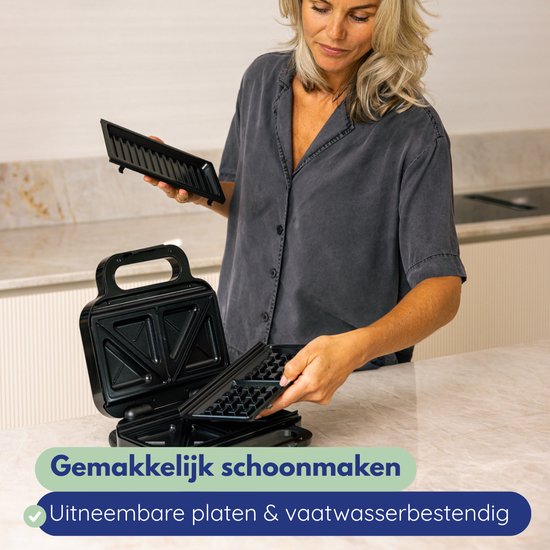 Safecourt Kitchen toaster - Grille-pain 3-en-1, gaufrier et gril de contact - Plaques amovibles sans PFAS et lavables au lave-vaisselle - compact - chaud rapide - gril de contact