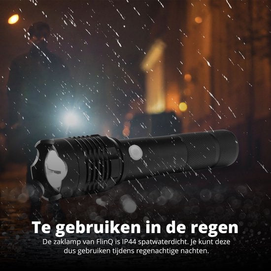 Lampe de poche LED rechargeable FlinQ - Lampe de poche militaire rechargeable - Visibilité jusqu'à 1200 mètres - Design en aluminium résistant aux éclaboussures - Lampes de poche pour kit d'urgence - Noir