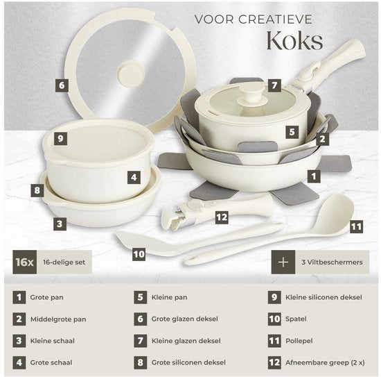 tectake® Ensemble de casseroles modernes 16 pièces - 3 poêles à frire - 2 poêles de cuisson - Convient à l'induction - Comprend des couvercles, des poignées amovibles et des protections - Poêles en aluminium avec revêtement antiadhésif en céramique - Conv