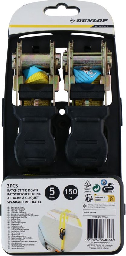 Dunlop Lashing Strap with Ratchet - 2 Pieces - 5 M - up to 150 KG - Yellow