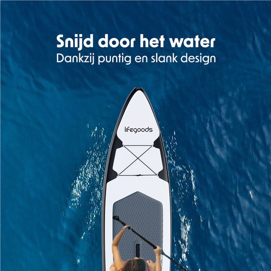 LifeGoods SUP Board Touring - Capacité de charge 165 KG - 365 x 76 cm - Gonflable - Pack Sup complet - Blanc/Noir