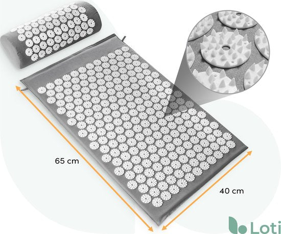 Loti Nail Mat avec Nail Pillow - Gris/Blanc - Tapis d'acupression - Lit d'acupuncture - Coussin d'acupuncture - Massage Shakti - Sac de transport inclus