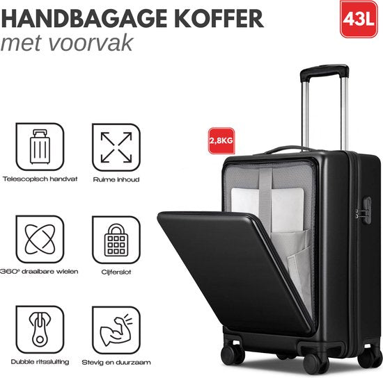 VAIVE Hand Luggage Suitcase With Front Pocket - 43L Suitcase - Lightweight Trolley - Black