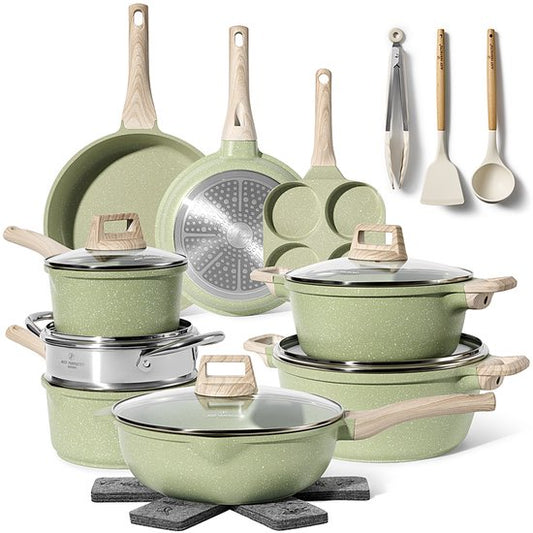 Just Perfecto 21 Pieces Induction Pans Set - Green Pans Set With Lid For Gas and Induction - PFAS free - Cold grips