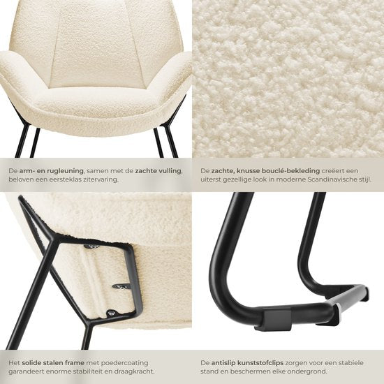 tectake® Chaise longue - Fauteuil relax rond - Fauteuil Teddy - Chaise tapissée - Revêtement bouclé - Fauteuil de lecture en peluche - Style scandinave - blanc crème