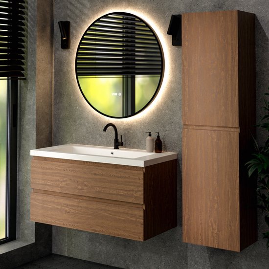 Mirlux Meuble de salle de bains Chêne chaud 100 cm - Lavabo Blanc - Ensemble de meubles de salle de bains - Meuble lavabo Chêne chaud