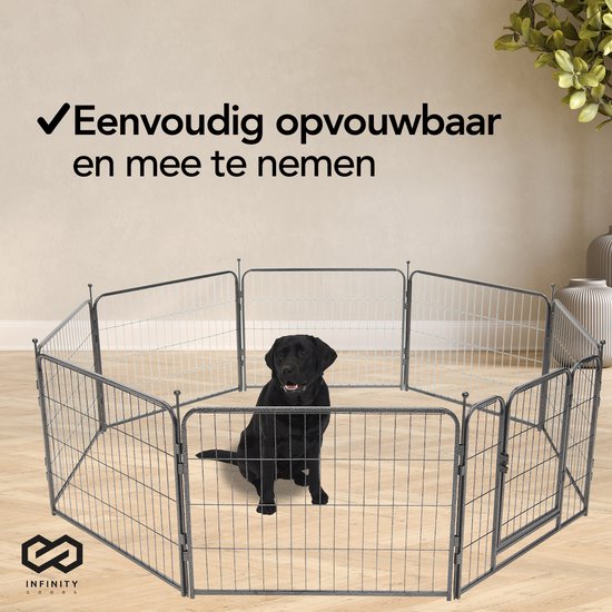 Infinity Goods Hondenren - Puppyren - 8 Panelen - 60 x 80 CM - 480 CM Omtrek - Opvouwbaar - Met Deur - Staal - Zwart