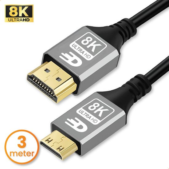 Drivv. Câble Premium Mini HDMI vers HDMI 2.1 - 8K 60Hz / 4K 120Hz Ultra HD - 3 mètres - Gris - Convient aux appareils photo, tablettes et ordinateurs portables