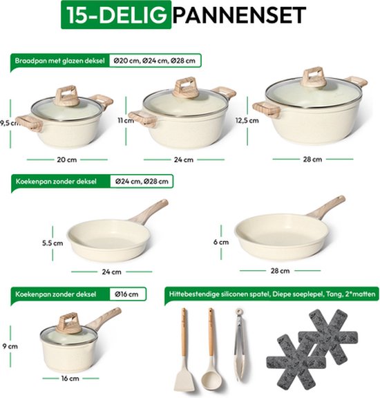 Just Perfecto 15 Piece Induction Cookware Set - Beige Cookware Set With Lid For Gas and Induction - PFAS free - Cold grips