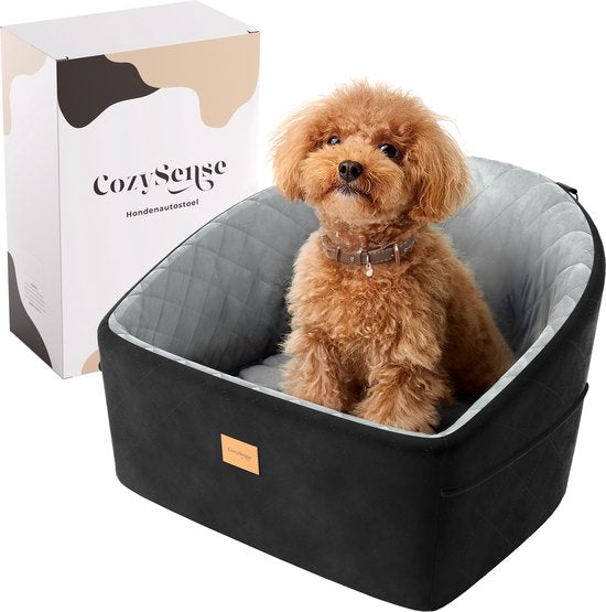 CozySense® Siège auto pour chien - Panier auto pour petit chien - Siège avant et arrière - Avec sangle de sécurité, compartiment de rangement et housse lavable - Noir/Gris