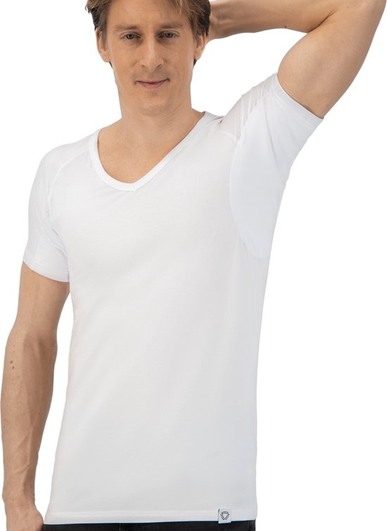 Anti Sweat Shirt - Fibershirts® - Coussinets d'aisselles cousus - Maillot de corps - Blanc - Col en V - Hommes - Taille S