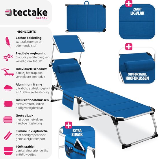 tectake® Lounger Lorella with sun canopy - Lounger - Lit de soleil rembourré - Pliable - Pour le jardin ou le balcon - Avec poche latérale - Dimensions (LxPxH) 220 x 60.5 x 34 cm - Bleu