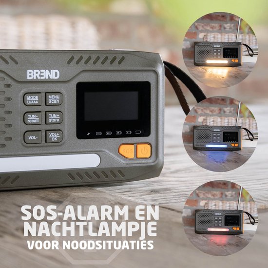 BREND BR-2244 Radio d'urgence avec DAB et FM - Haut-parleur Bluetooth - Alarme SOS - Powerbank - Torche LED - USB-C - Rechargeable avec panneau solaire et manivelle