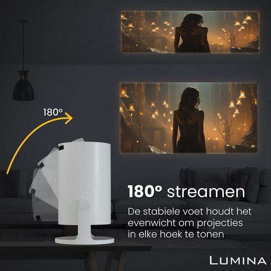 Lumina® Pro Mini Beamer 2026 - Projecteur intelligent Android 14 avec Google Playstore - Home cinéma - Pour iOS & Android - WiFi 6 & Bluetooth 5.4 - Blanc