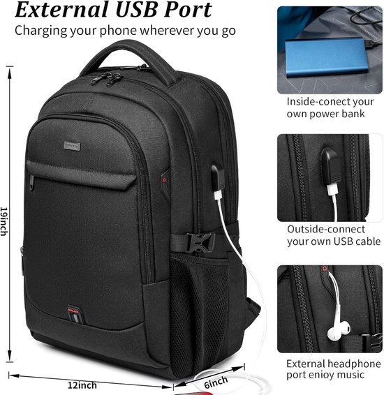 Sac à dos pour ordinateur portable spacieux pour le travail, l'école et les voyages avec port de charge USB