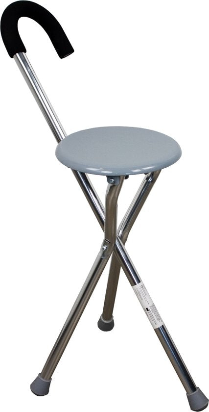 Mobiclinic Gloria - Canne avec siège - Jusqu'à 90 kg - Pliable - Aluminium - Canne tripode - Embouts antidérapants - Canne chaise - Canne orthopédique - Poignée ergonomique - Gris