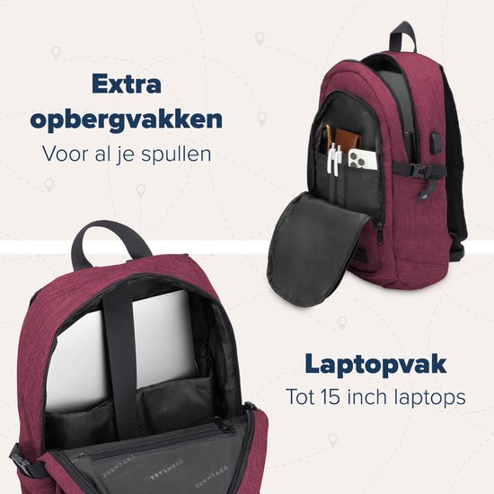 TRVLMORE Sac à dos avec durée de vie - Sac à dos avec compartiment pour ordinateur portable de 15,6 pouces - Cartable - Résistant aux éclaboussures - Hommes et femmes - Garçons et filles - 25L - Bourgogne