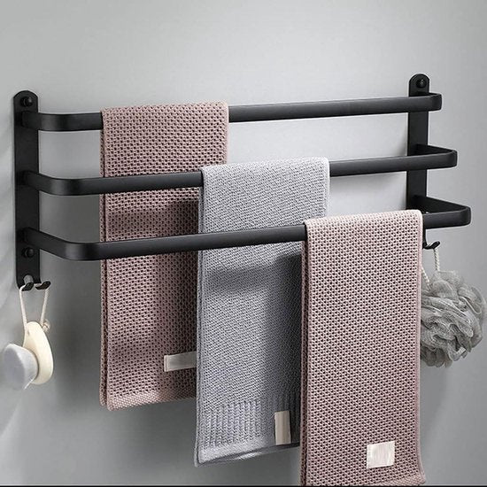 Porte-serviettes de salle de bains, porte-serviettes de cuisine, porte-serviettes mural multicouche, noir avec crochets, porte-serviettes en aluminium - 50 cm, noir, 3 couches