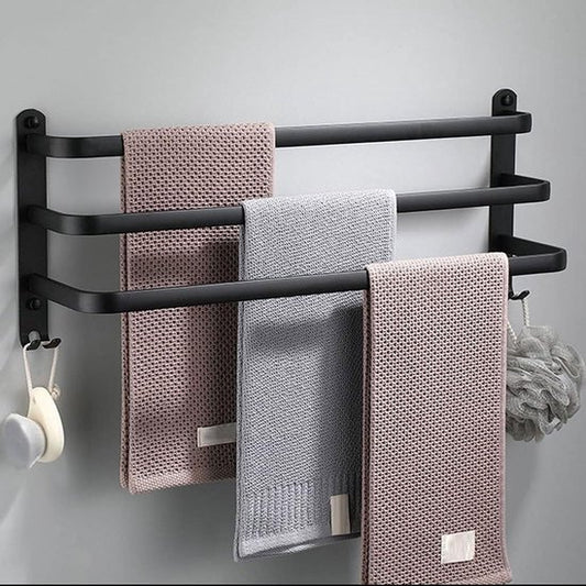 Porte-serviettes de salle de bains, porte-serviettes de cuisine, porte-serviettes mural multicouche, noir avec crochets, porte-serviettes en aluminium - 50 cm, noir, 3 couches