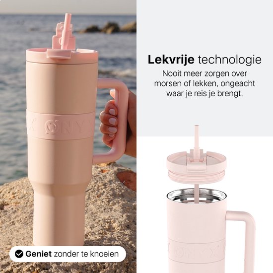 ONYX Bouteille à boire avec paille 1 litre - Bouteille d'eau pour enfants et adultes - Mug Thermos Mug de voyage en acier inoxydable - Buvette de motivation - Tasse à boire pour l'école - Rose bonbon