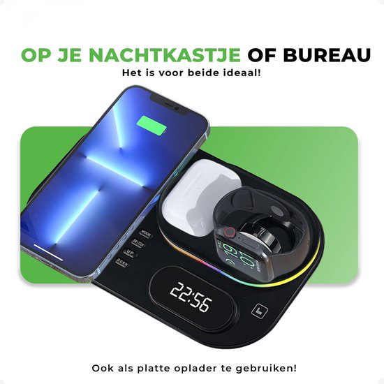 iSetchi Wireless Qi Charger 15 Watt Fast Charger (4-in-1) - Avec adaptateur Quick Charge 3.0, horloge LED et lampe LED - Station de charge Qi