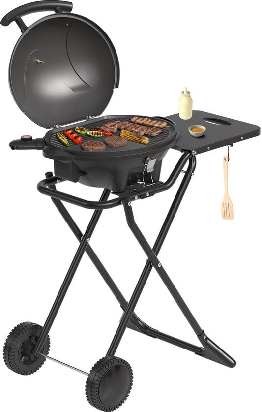 KitchenBrothers Barbecue électrique - pliable - Barbecue à roulettes - revêtement antiadhésif - table d'appoint - jusqu'à 250°C - 2400W - noir