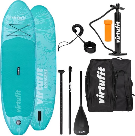 VirtuFit Supboard Ocean 275 - Turquoise - Stand Up Paddle Board - Supboard Inflatable - Pour débutants et experts - Pagaie réglable - Max. 180 kg - Avec accessoires et sac de transport