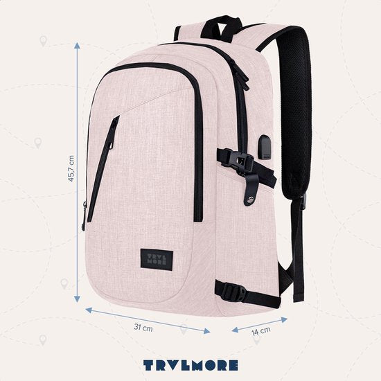 TRVLMORE Sac à dos - 25L - 15.6 Inch - Sac à dos pour ordinateur portable avec USB - Cartable - Homme et Femme - Sac Rose