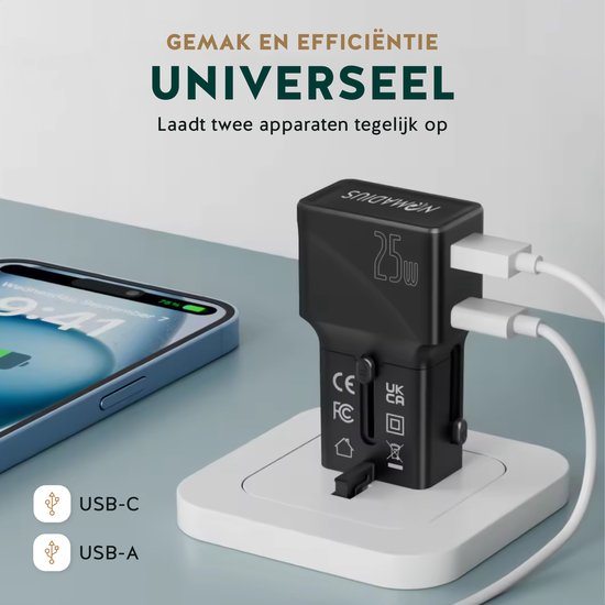 Adaptateur prise universelle - Nomadius - Chargement rapide - Prise de voyage universelle - 1 USB-C et 1 USB - 200+ pays - Noir