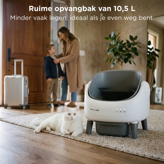 TrevoPet® Air - Bac à litière automatique avec application - autonettoyant et sûr - pour chats jusqu'à 12 kg - tapis, 60 sacs à déchets et accessoires inclus - poubelle de 10 litres - blanc et gris