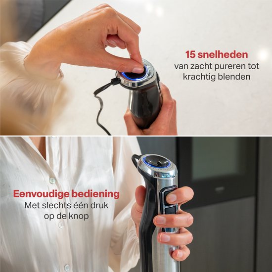 Pied mixeur - AoraKitchen - Set de 6 Piece - 1000W - Turbo - Mousseur à lait - Hachoir - Verre doseur - Fouet