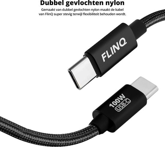 FlinQ - 2x USB C to USB C Cable 100W - Chargeur rapide pour Smartphone, Tablette - Câble de données et chargeur - Câble de charge en nylon de 2 mètres de long