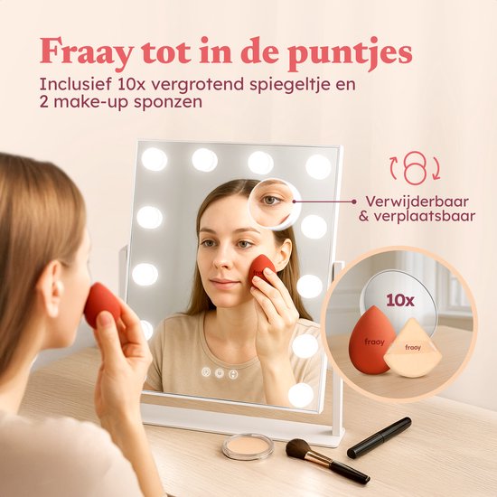 Fraay® Hollywood Mirror with Lighting 41x30cm - 3 Light Stages - Make-up Mirror with 10x Magnification Mirror - LED Lighting Dimmable - Incl. Beauty Blenders and Powder puff