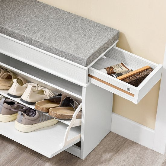 SoBuy FSR82-K-WG Meuble à chaussures banc d'entrée - banc à chaussures avec siège de toilette et coussin de rangement pour chaussures pour hall d'entrée, salon 61 x 24 x 51 cm, capacité 113 kg, blanc effet bois antique